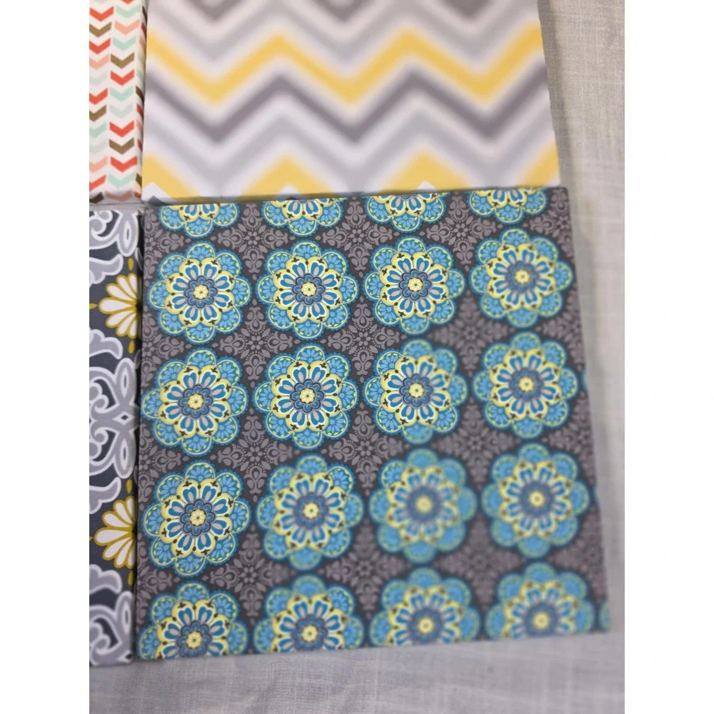 Set of 4 Canvas Wall Art 12x12 Yellow Grey Teal Chevron Floral Geometric Prints